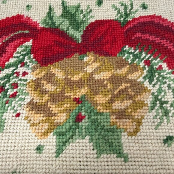 Christmas Needlepoint Pillow Cover Holly and Pine Cones Vintage Holiday Decor - Picture 2 of 10